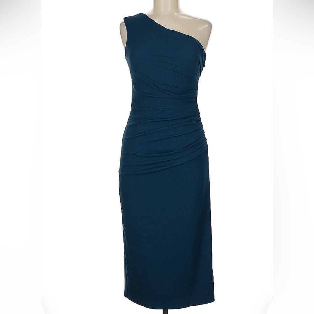 Dress the Population Blue Ruched Asymmetrical One Shoulder Cocktail Dress